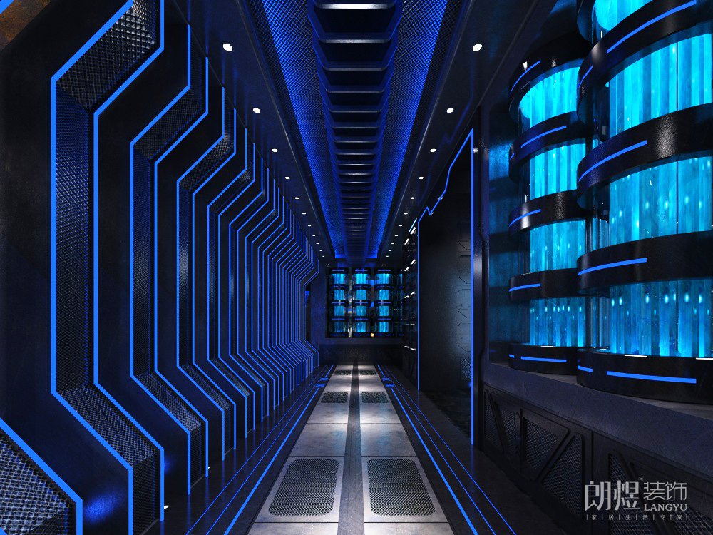 蓝色科技风酒吧走廊装修效果图